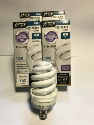 4 Pack TCP  Candelabra CFL Bulbs, Bright White and 750 Lumens, 4100K - Image 1 of 3