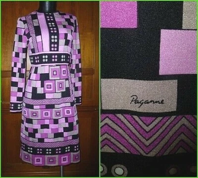 Vestido de Cóctel De Colección Años 60 70 PAGANNE Jersey Tejido OP ART Estampado Gráfico Púrpura Negro Foto 1 de 4