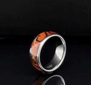 Silver Tungsten Carbide 8mm Wedding Band Wood Inlay Polished Edges Unisex Ring - Picture 1 of 4