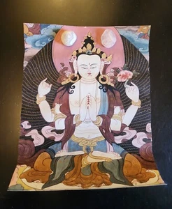 Vintage tibetische Leinwand strukturiertes Gemälde 4 Arm buddhistische Buddha Göttin 12"x8" - Bild 1 von 7