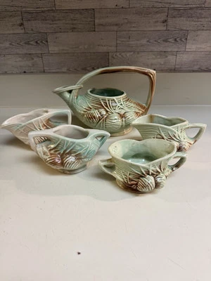 McCoy Pottery Lidded Teapot Creamer and Sugar Glazed Pine Cone Vintage Set  - Image 1 of 4