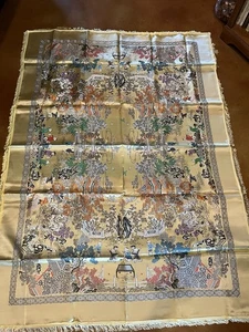 VTG Asian Chinese Silk Tablecloth Tapestry Fringe Children Dragons Floral NIP - Picture 1 of 9
