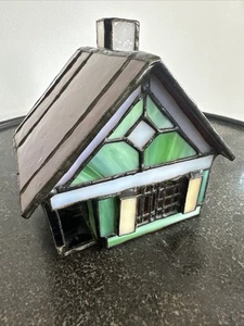 VTG Stained Glass Cottage, green with brown roof, adorable porch - Picture 1 of 9