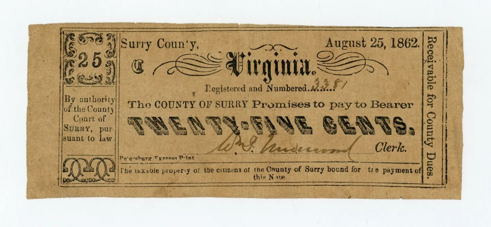 1862 25c The County of Surry, VIRGINIA Note - CIVIL WAR Era - Image 1 of 2
