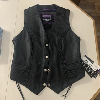 Women's Interstate Leather Vest Motorcycle Biker Black Sz Med NWT - Image 1 of 4