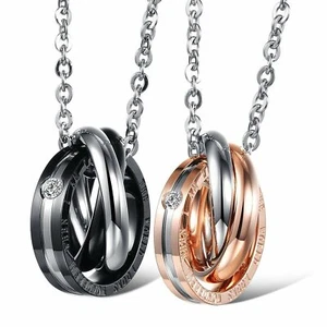2x EDELSTAHL PARTNER KETTEN GRAVUR ANHÄNGER STRASS RING PÄRCHEN KETTE GESCHENK - Bild 1 von 6