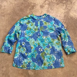Camisa Talbots Mujer Talla MP Azul Botón 1/2 Floral Lentejuelas Brillo Peso Ligero Popover - Imagen 1 de 9