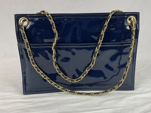 Vintage Morris Moskowitz marineblau Lackleder Kette Geldbörse Schultertasche - Bild 1 von 12