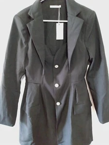 NWT  Black Luxe Trench Coat Women's Medium Rhinestones Buttons Tailored Dressy - Picture 1 of 4