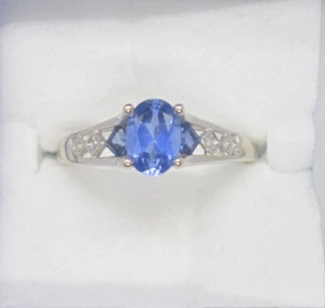 Beautiful 10K Solid White Gold Blue Oval & Princess Cut Sapphire Ring - Foto 1 di 7