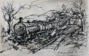 Adrian Hill (1895-1977). Steam Locomotive. Signed & dated 1975. Charcoal - Picture 1 of 1