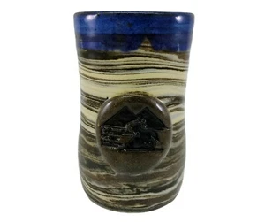 Studio Art Pottery Mug Cup Blue Brown Swirl Glaze Signed M Hooby Pottery - Picture 1 of 12