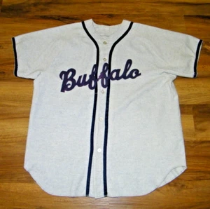 VINTAGE BUFFALO BISONS UB BULLS GAME WORN USED HEAVY FLANNEL BASEBALL JERSEY 48 - Picture 1 of 4