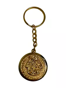 Archangel Michael and Ship w/ Coat of Arms Round Medal Key Chain Ring Gold Tone - Picture 1 of 9