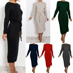 Ladies Women long Midi Cable Knitted Pocket Tie up Party Jumper Dress Sweater - Picture 1 of 10