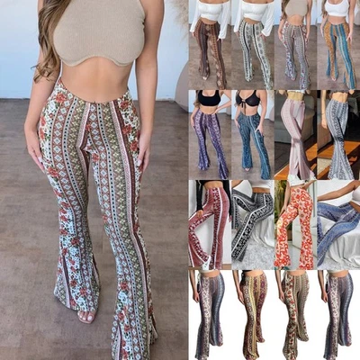 Womens Summer High WAIST Retro Printed Leggings Casual Flare Pants Trousers SIZE - Image 1 of 4