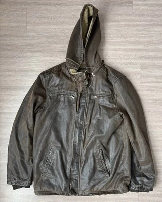 BKE Buckle Brown  Men Distressed Faux Leather Moto Jacket WDetachable Hood SZ M - Image 1 of 4