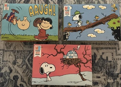 Lote De 3 Rompecabezas De Fútbol Milton Bradley Peanuts Años 70 Snoopy + 100 Piezas COMPLETO Foto 1 de 4