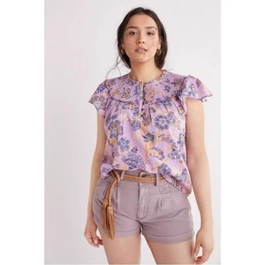 Anthropologie Boho-Bluse Flieder Blumen gesmokt Flatterärmel XL - Bild 1 von 8