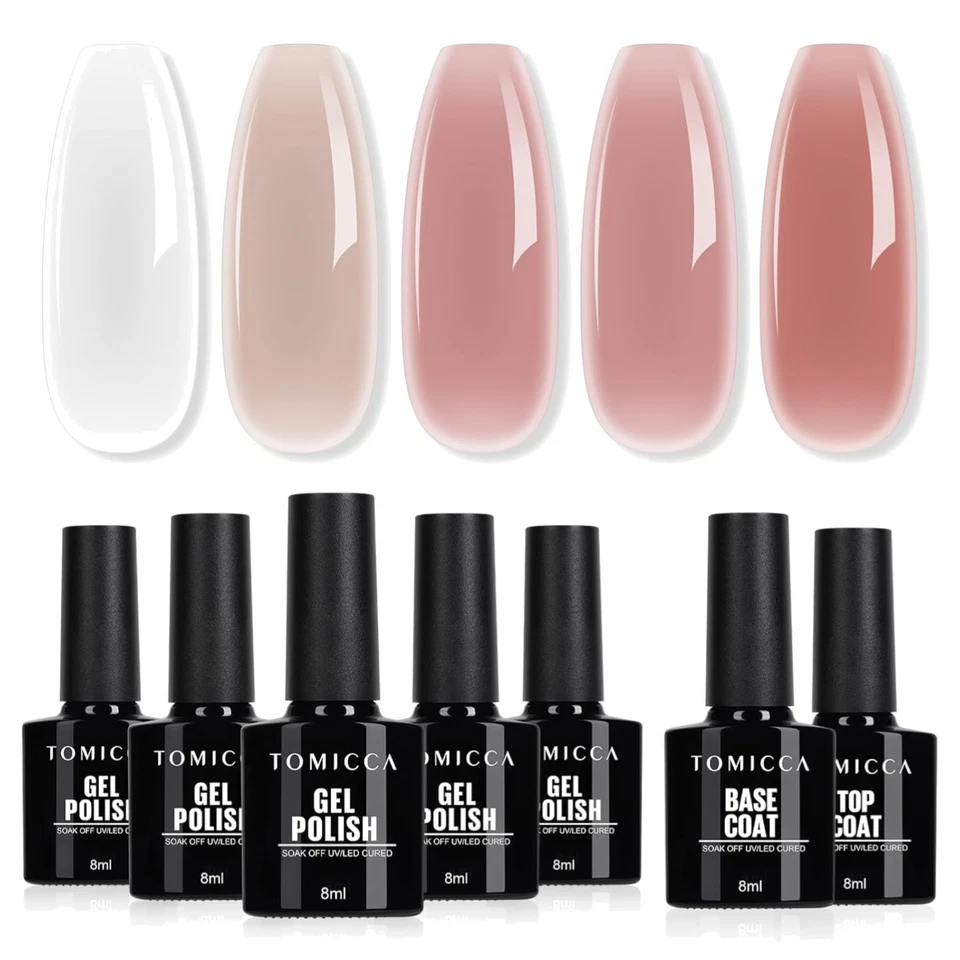 UV Nagellack-Set - 5 Farben Gel Mit Base & No Wipe Top Coat, Milchig Weiß Ros... - Bild 1 von 1