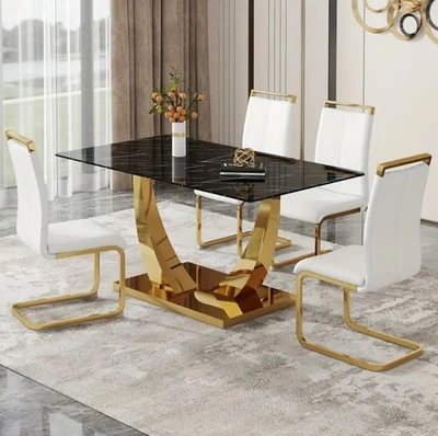 63” Luxury Gold Dining Table Set for 4 – Black Marble Top, PU Leather Chairs (Wh - Image 1 of 4