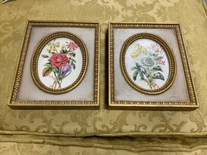 Vtg Set (2) Burwood Wall Decor Plastic Resin Pictures Flowers Gold Trim 5x6" - Picture 1 of 8