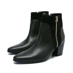 Hombres Cuero Punk Cremallera Punta Punta Punta Cubana Tacones Medianos Cremallera Lateral Zapatos Botas de Caballero - Imagen 1 de 8