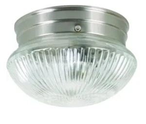 1-Light Satin Nickel Incandescent Flush Mount with Clear Ribbed Glass 7 in. - Picture 1 of 4