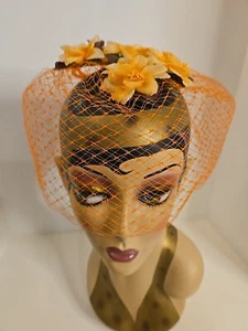 Vintage 1950s Unbranded Whimsy Veil Orange Ribbon Flowers Hair Boufant Cover - Picture 1 of 7