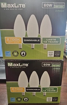 Set Of 4 (3-Pack) LED Candelabra 60W Equivalent MaxLite Light Bulbs - Dimmable - Image 1 of 4