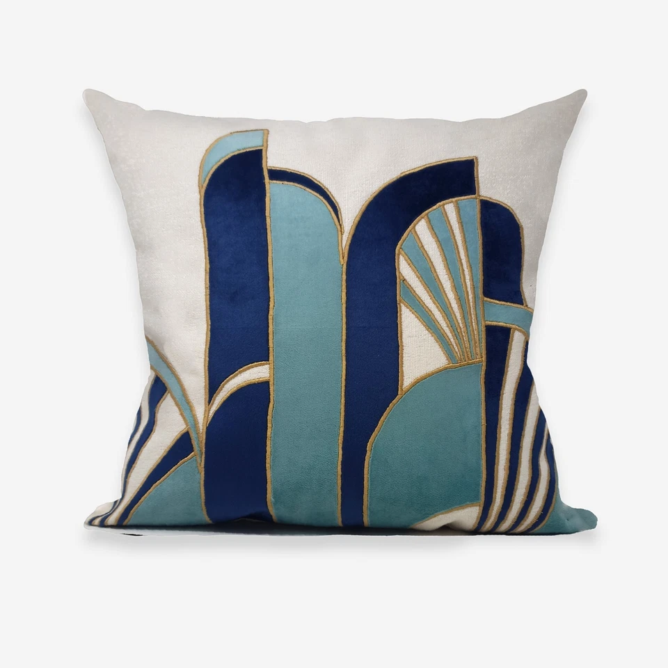 Handmade Art Deco Decorative Throw Pillow Cushion Cover | Blue & Teal - Image 1 of 4