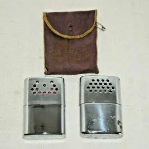 2 Vtg Aladdin Labs Jon-E Hand Warmers Standard Size w/ Brown Pouch Chrome Plated - Picture 1 of 9