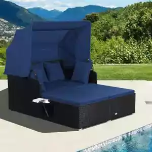 Patio Rattan Daybed Lounge Outdoor Retractable Top Canopy Cushion W/ Side Table - Picture 1 of 6