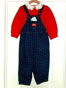 Vintage "OSHKOSH" (3T) Overalls & Shirt Set (Red Flowers & Blue Hearts) - Picture 1 of 12