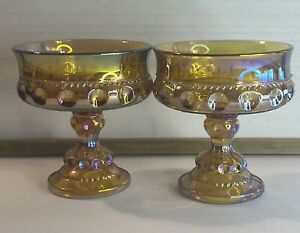 Vintage Kings Crown Iridescent Amber Carnival Glass Thumbprint Compote Set Of 2