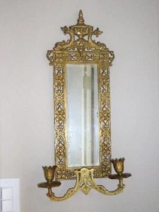 VINTAGE NEOCLASSICAL BRASS DOUBLE FISH DOUBLE ARM WALL SCONCE BEVELED MIRROR - Picture 1 of 10