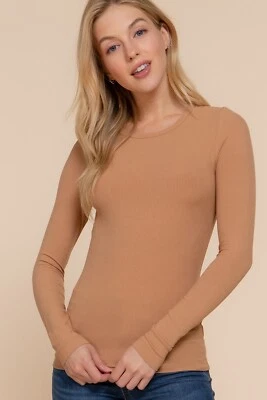 Womens Long Sleeve Crew Neck Soft Ribbed Fitted Top T-Shirt Slim Fit - Image 1 of 4