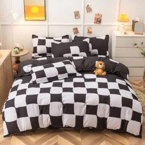 Black White Checked Chess Quilt Duvet Cover Bedding Set Size Double - Picture 1 of 3