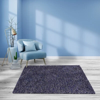 Eco-Friendly Hand Tufted Shag Polyester Square Area Rug Solid Blue White BBH - Image 1 of 4