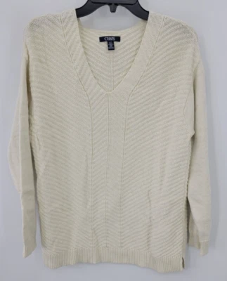 Chaps Ralph Lauren 毛衣女式大号象牙色金属罗纹 Cottagecore 波西米亚 — 第 1/4 张图片