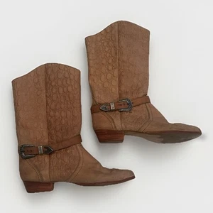 Dexter Brown Leather Cowboy Mid Calf Boots Womens Size 7 M USA Buckled - Picture 1 of 13