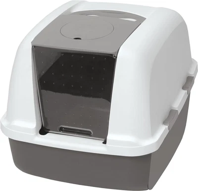 Airsift Jumbo Hooded Litter Pan, Warm Gray/White - Privacy and Easy Access for C - Image 1 of 4