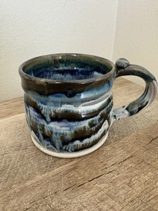 Studio Pottery Large Coffee Mug Cup Blue Brown Cream Drip Glaze Signed - Picture 1 of 13