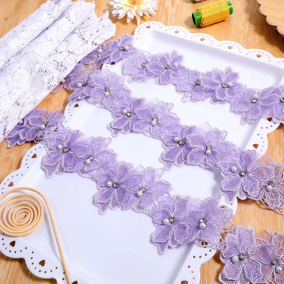 Borde de flores de organza de 2 yardas, cuentas de perlas 3D borde de encaje bordado cosido... Foto 1 de 4