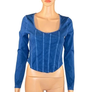 Top donna Express nuovo con etichette stile Y2K denim crop top scollo quadrato taglia S manica lunga - Foto 1 di 5