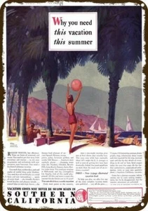 1933 SOUTHERN CALIFORNIA TOURISM Beach Art Vintage Look DECORATIVE METAL SIGN - Picture 1 of 1