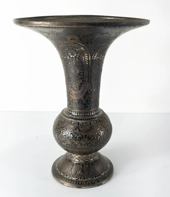 Jarrón antiguo Bidriware Bidri plateado bronce esmalte negro indio de Oriente Medio Foto 1 de 4