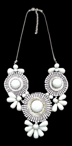 VETEMENTS ZAD Couture Collana Bavaglino Perline Vetro Bianco 21” Rotondo Dichiarazione Tono Argento