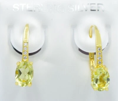 GENUINE  1.94 Cts PERIDOT & WHITE SAPPHIRE DANGLING EARRINGS .925 Silver  - NWT - Image 1 of 3