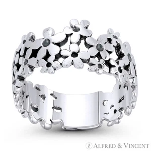 Daisy Flower Charm 9mm Band .925 Sterling Silver Right-Hand Statement Boho Ring - Picture 1 of 1